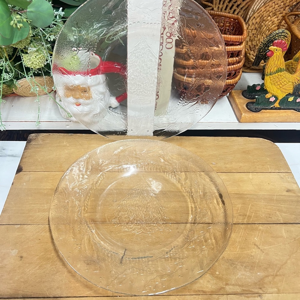 Vintage Christmas plates Luminarc holly tree plates glass embossed replacement